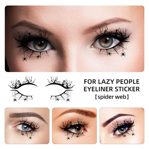 Vista 5 de Pegatinas temporales de tatuaje de telaraña de Halloween, sombra de ojos, delineador de ojos, maquillaje de ojos para mujeres y niñas, fiesta