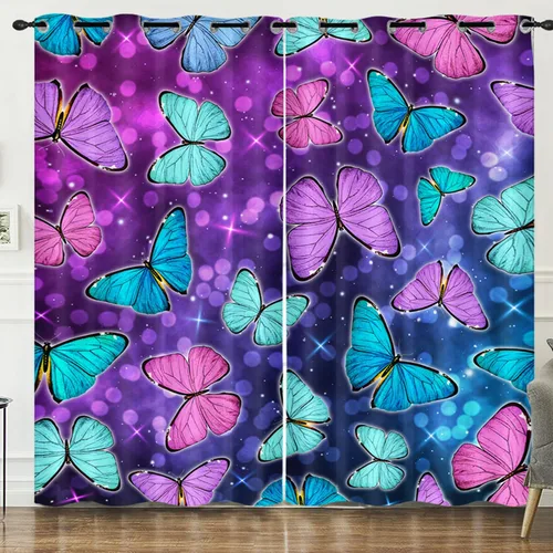 Vista 9 de HOSIMA Cortinas mágicas de hongos 2 paneles, cortinas de mariposa floral con mandala para sala de estar, decoración de habitación de moda para niñas
