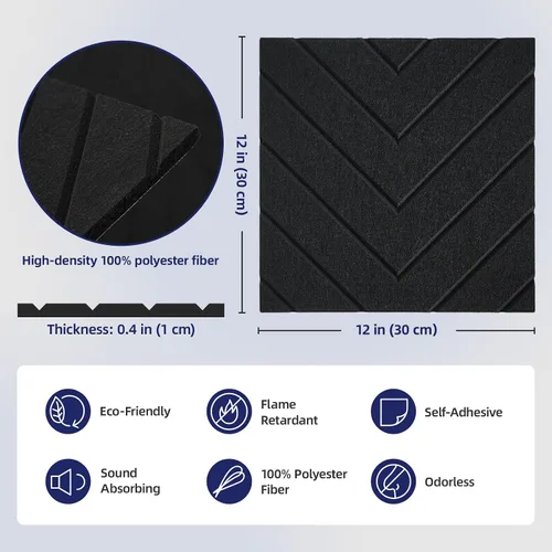 Vista 4 de Vieshful Paneles acústicos autoadhesivos, paneles de pared insonorizados de 12 x 12 x 0.4 pulgadas, absorbentes de sonido de alta densidad, paneles