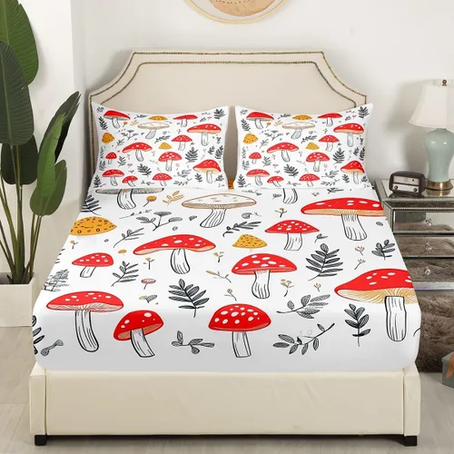 Vista 3 de Erosebridal Juego de sábanas de hongos para niñas, tamaño individual, diseño de hongos de dibujos animados kawaii, plantas botánicas, hojas, sábana