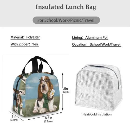 Vista 3 de Loncheras para mujeres y hombres, bolsa de almuerzo aislada para adultos Basset Hound Dog Lunch Box para hombre y mujer, bolsas de almuerzo