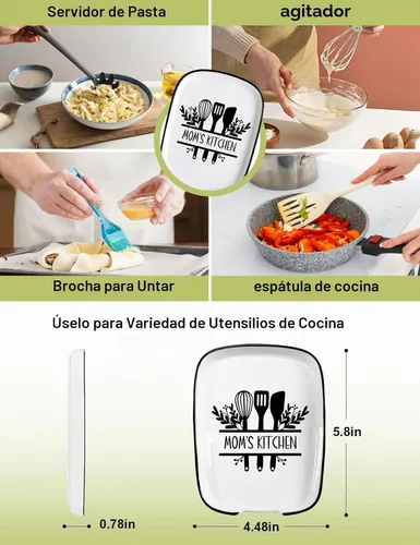 Vista 4 de Funny Mom's - Soporte de cuchara de cerámica con tabla de conversiones, soporte para utensilios de cocina de granja para estufa, encimera de cocina