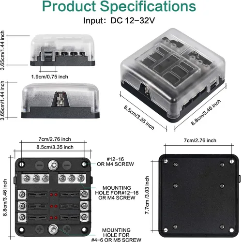Vista 4 de Bloque de fusibles de 6 vías, fusible de hoja de 12 V, 6 circuitos, ATC/ATO, impermeable, soporte para caja de fusibles con indicador LED, cubierta