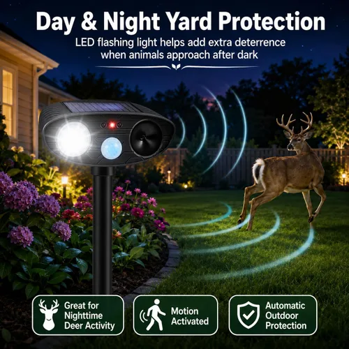 Vista 6 de 2026 - Paquete de 2 dispositivos repelentes de ciervos Sonic Fortress Pro, repelente solar ultrasónico de animales con sensor de movimiento y luz