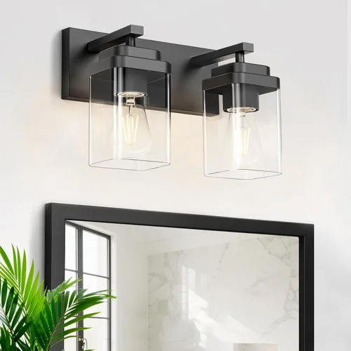 Vista 12 de Lámparas de baño de oro cepillado, 4 luces de baño sobre el espejo, diseño cuadrado y placa trasera grande rectangular, accesorios de iluminación