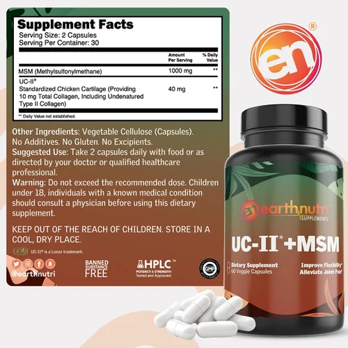 Vista 4 de EarthNutri Joint UC-II + MSM para la salud y flexibilidad ósea. Promueve la reparación saludable de las articulaciones y un mejor movimiento. 40 mg
