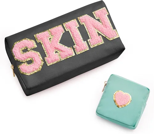 Vista 9 de Bolsa con letras de chenilla para viajes, A-Verde menta, Bolsa de maquillaje transparente a