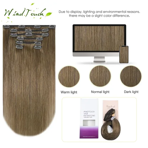 Vista 64 de WindTouch - Extensiones de cabello humano real con clip, color marrón claro a rubio con reflejos #6P613, 22 pulgadas, 4.33 onzas, 7 piezas #6p613