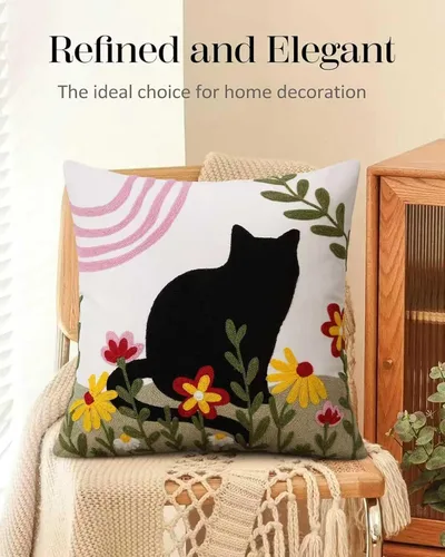 Vista 7 de JASEN Funda de almohada bordada de gato de 18 x 18 pulgadas, funda de almohada decorativa de algodón para sofá, dormitorio, sala de estar, casa