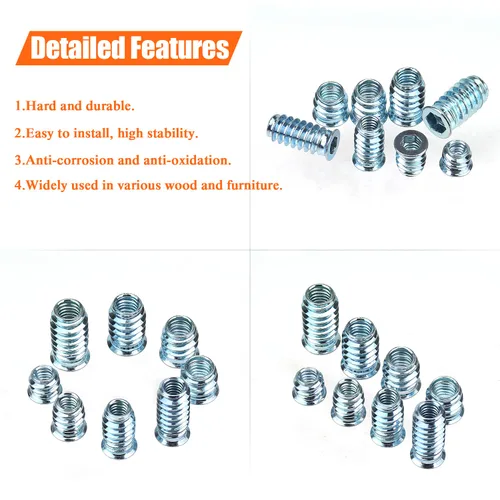 Vista 4 de Insertos roscados de 1/4-20, insertos de madera, insertos roscados de acero para tornillo de muebles de madera, kit de 145 piezas de insertos