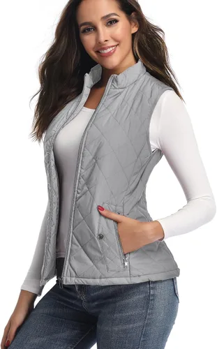 Vista 6 de Chaleco para exteriores de mujer, chaleco acolchado ligero con cremallera y cuello alto.