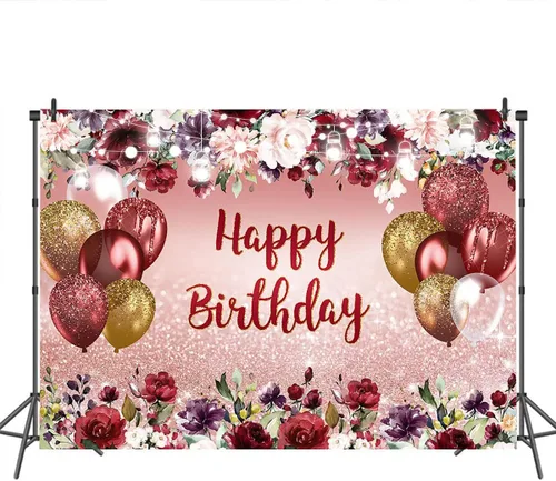 Vista 3 de Mocsicka Telón de fondo floral de feliz cumpleaños, flores burdeos, oro rosa, fondo de fotos con purpurina, vinilo para niñas y mujeres, decoración
