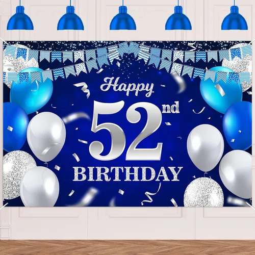Vista 24 de Bandera de feliz primer cumpleaños con fondo azul marino, globos, confeti, bandera de rayas, luces de puntos, felicitaciones por el tema de 1 año