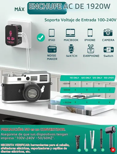 Vista 7 de Adaptador de viaje universal en todo el mundo, adaptador de enchufe de viaje europeo con 2 USB C, 2 USB A y múltiples salidas de CA, convertidor