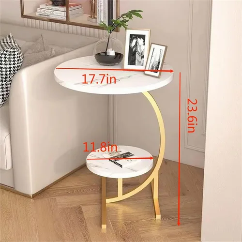 Vista 2 de Mesa auxiliar pequeña en forma de C con textura de mármol redonda de 2 capas, mesa auxiliar para sofá, mesita de noche para sala de estar, cocina