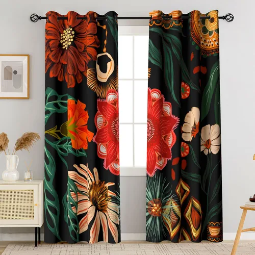 Vista 27 de Tyrot - Cortinas bohemias florales 100% opacas para dormitorio de 63 pulgadas de largo, 2 paneles. Cortinas botánicas de mediados de siglo