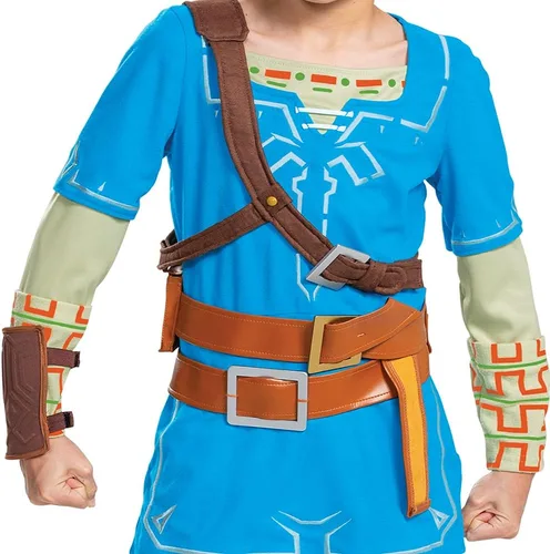 Vista 4 de Disfraz de enlace para niños, disfraz oficial de Prestige de Zelda, túnica con orejas, pantalones y fundas para botas de Breath of the Wild