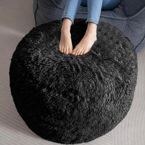 Vista 9 de HIGOGOGO Puf Otomán Redondo Relleno, Pufs Largos de Piel Sintética con Relleno de Trozos de Espuma, Puf Reposapiés Esponjoso y Peludo Otomán