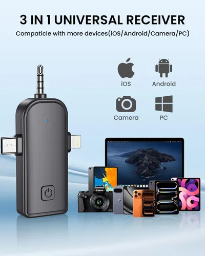 Vista 7 de Micrófono Lavalier inalámbrico 3 en 1 para iPhone: micrófono de solapa Bluetooth para iPad Android Phone Camera Pc - Micrófonos de clip pequeño