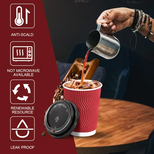Vista 3 de Lamosi - Tazas de café con tapas, 12 onzas, paquete de 50 tazas desechables Rojo
