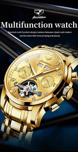 Vista 8 de JSDUN Relojes para hombre automático de cuerda automática, reloj de pulsera mecánico, multicalendario, acero inoxidable, mes, fecha, semana