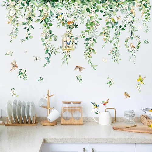 Vista 7 de Supzone Calcomanías de pared colgantes de hojas de vid – 45 x 28 pulgadas, hojas de eucalipto verdes, flores, pájaros, calcomanías de pared