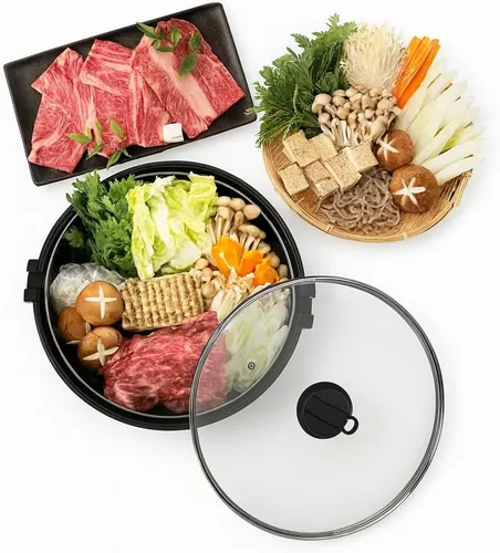 Vista 3 de JapanBargain 3868, Sukiyaki Nabe Pot Shabu Shabu Olla Caliente Pan con Tapa de Vidrio para Calefacción por Inducción Estufa IH