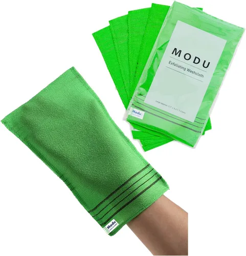 Vista 9 de Modu Guantes exfoliantes coreanos grandes, 4 unidades (verde, amarillo, azul cielo, rosa) – Guantes exfoliantes exfoliador corporal toalla italiana