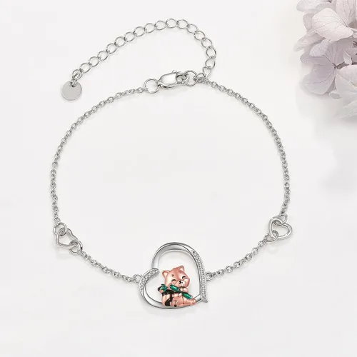 Vista 2 de Pulsera de panda rojo de plata de ley, pulsera de panda rojo lindo panda rojo, joyería de bambú para mujeres y niñas regalos, Plata de ley,