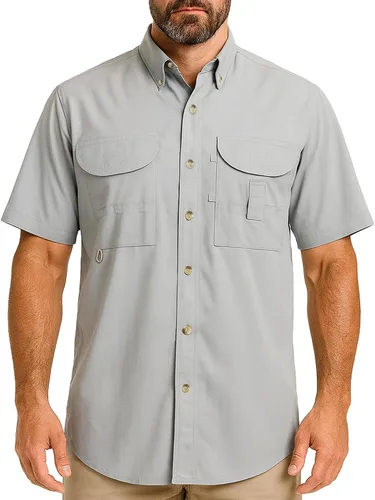 Vista 8 de Camisa de manga corta con botones de pesca para hombre, transpirable, para exteriores, casual, ligera