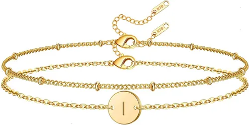 Vista 9 de Glimmerst Pulsera con inicial para mujer, chapada en oro de 18K, de acero inoxidable en capas, con monedas, pulsera con letra, cadena con cuentas