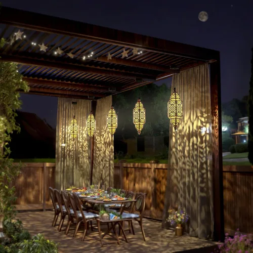 Vista 3 de Twinkya Paquete de 2 luces solares colgantes para jardín, farol solar decorativo para exteriores, impermeables, de metal, marroquí, decoraciones al