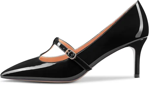 Vista 2 de Aachcol Zapatos de tacón de aguja medio bajo para mujer, con correa en T, sin cordones, puntera puntiaguda, zapatos de vestir para oficina, fiesta