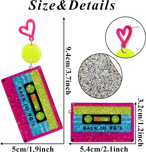 Vista 5 de RechicGu Aretes de aro de corazón de neón de los años 80 y 90 para fiesta brillante, atuendo retro de los años 70, accesorios de joyería, regalo