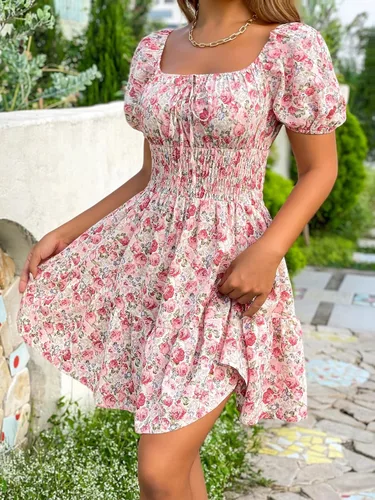Vista 6 de Floerns Vestido bohemio de manga corta abombada con cuello cuadrado y lazo frontal para mujer