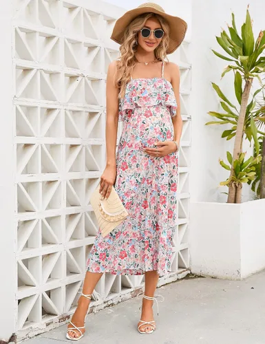 Vista 4 de Vestido de maternidad para mujer, con tirantes delgados, floral, con volantes, cintura alta, sin espalda, plisado, para baby shower