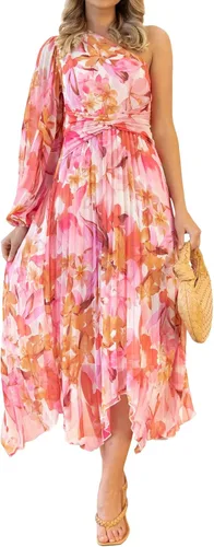 Vista 2 de Vestido largo de un hombro para mujer, plisado, floral, para playa, bohemio, vestido de cóctel, Rosado