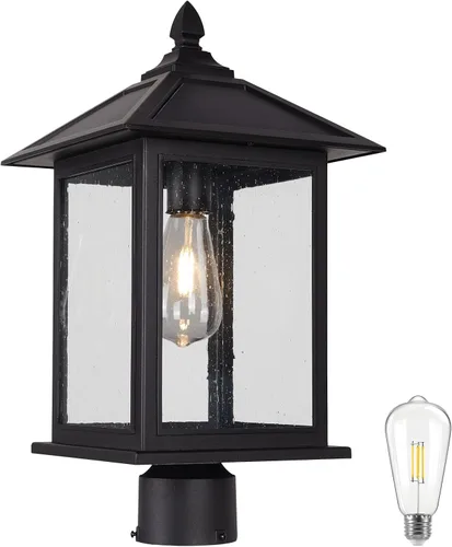 Vista 9 de Luces de poste solares para exteriores, lámparas de poste negro impermeables y antioxidantes con vidrio transparente, lámpara LED alimentada por