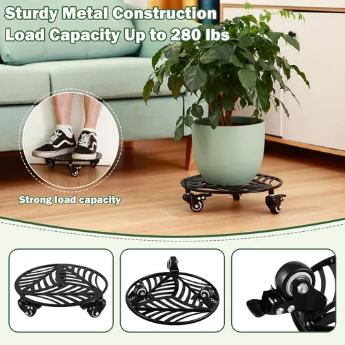 Vista 4 de 1 paquete de 30 cm de gran organizador de plantas de metal con 3 ruedas de PU metálicas, soporte rodante para plantas con ruedas para interiores
