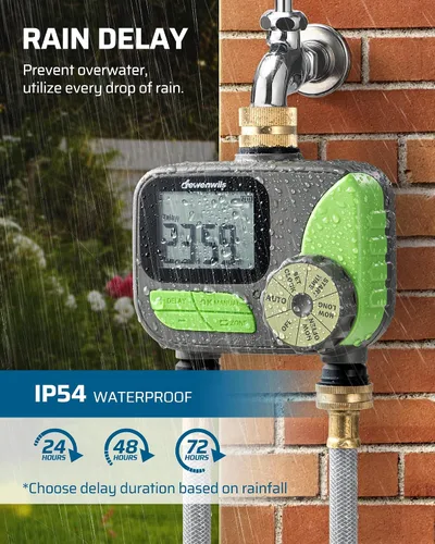 Vista 4 de DEWENWILS Temporizador de manguera para exteriores de 2 zonas: temporizador automático de rociadores con entrada de latón, retardo de lluvia