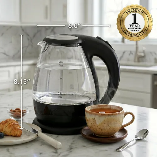 Vista 6 de OVENTE Hervidor eléctrico de vidrio de 1.5 L con luz LED azul, calentador de agua de encimera iluminado de 1100 W y caldera para café o té, apagado