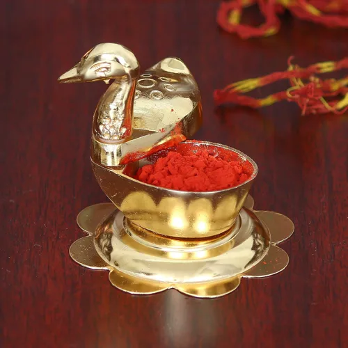 Vista 4 de JaipurCrafts Roli-Chandan de zinc, Chawal-Akshat-Haldi - Caja de Kumkum con pato y pájaro cariñoso, pieza de exhibición Chopda para Pooja