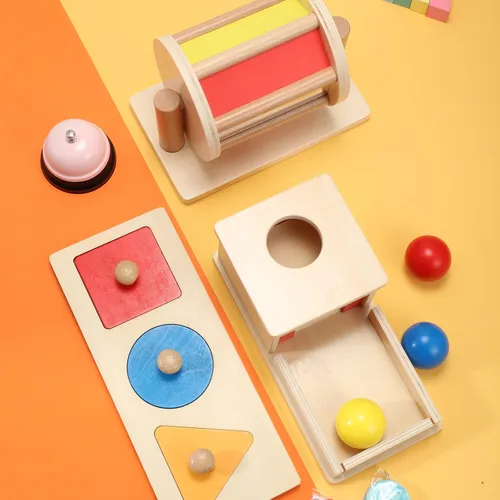 Vista 3 de Sratte Juego de 3 juguetes de madera para bebé, caja de permanencia de objetos, tambor arcoíris, juguetes coloridos de rompecabezas de múltiples