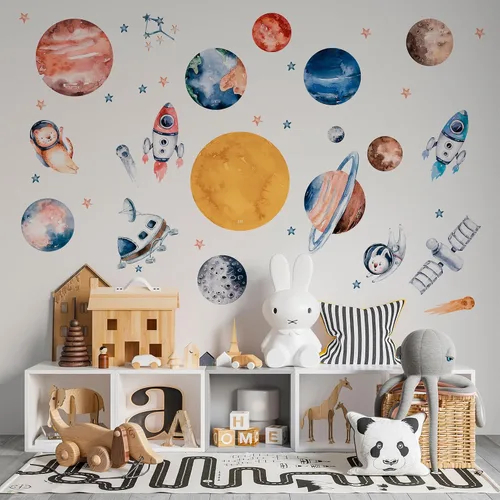 Vista 15 de Lipastick - Calcomanías de pared con temática de planetas y espacio para niños y niñas, calcomanías de vinilo para dormitorio de niños y niñas