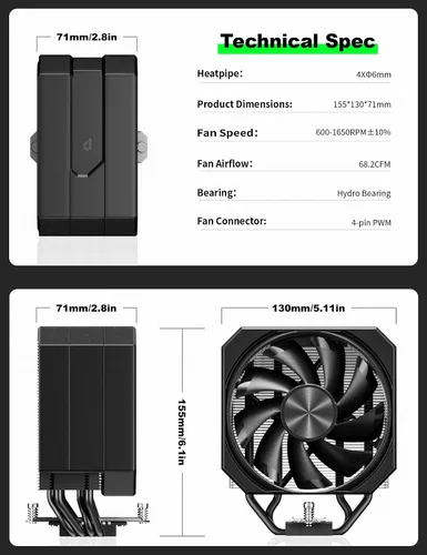 Vista 8 de Enfriador de aire de CPU con tubos de calor de 4X6mm, enfriador de CPU de ventilador de 120mm 1650rpm, enfriador de CPU AMD AM5/AM4/AM3 Serie