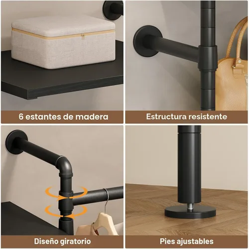 Vista 7 de T1 Sistema de Clóset Montado en Pared, Perchero de Ropa de Tubo Industrial con 6 Estantes de Madera y 4 Varillas Telescópicas, Organizadores de Negro