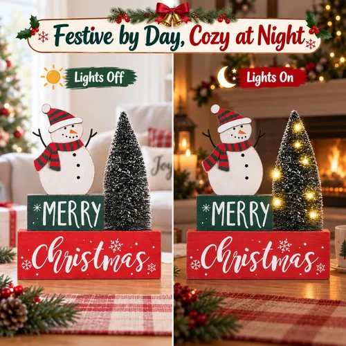 Vista 6 de Decoraciones de Navidad para el hogar, árbol de Navidad con luces LED, temporizador, letrero de muñeco de nieve de granja, signo de mesa de madera