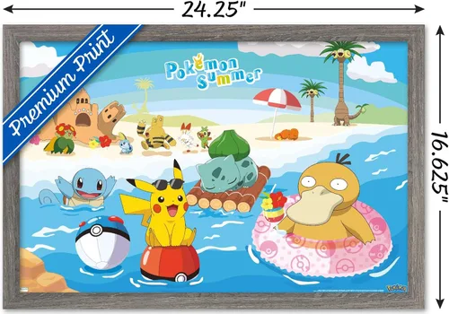 Vista 3 de Trends International Pokémon - Póster de pared de verano, 22.4 pulgadas de largo x 14.7 pulgadas, versión enmarcada en madera de granero