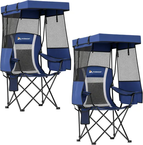 Vista 11 de Overmont Camping Chair with Canopy - Folding Chair with Adjustable Sunshade Full Sun Protection, Reinforced 600D Fabric, Cup Holder, Portable for
