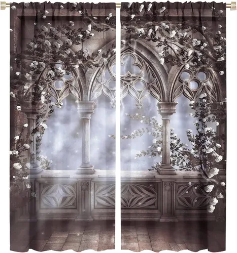 Vista 39 de Cortinas góticas con diseño de luna de Halloween, historia, puerta espeluznante, fondo de terror, vela, ficción, patrón de impresión, sala de estar
